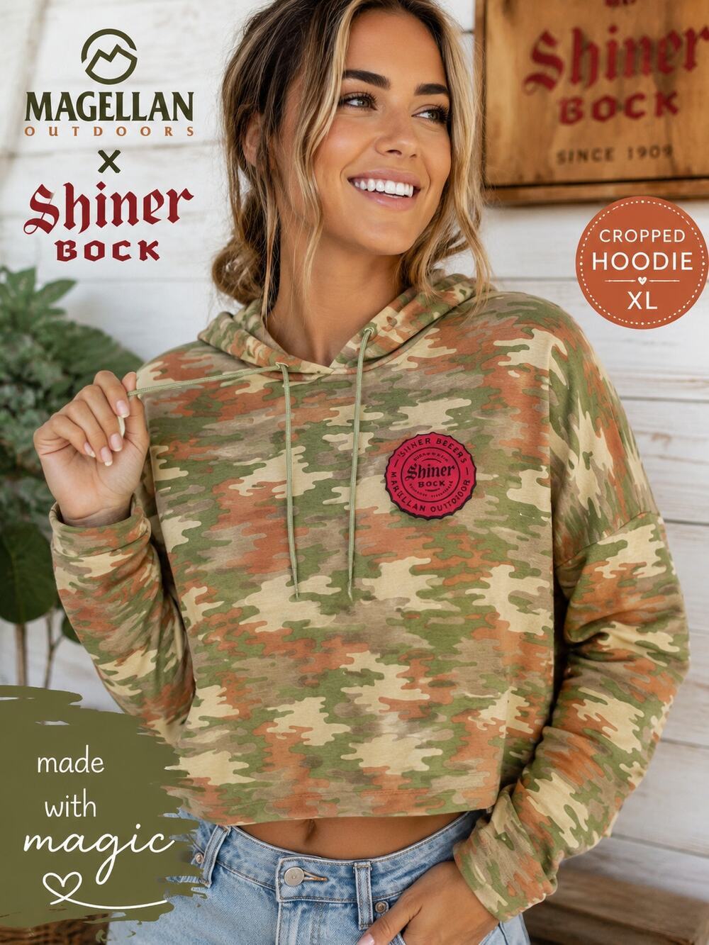 Magellan Outdoors Shiner Bock Camo Cropped Hoodie Women's XL